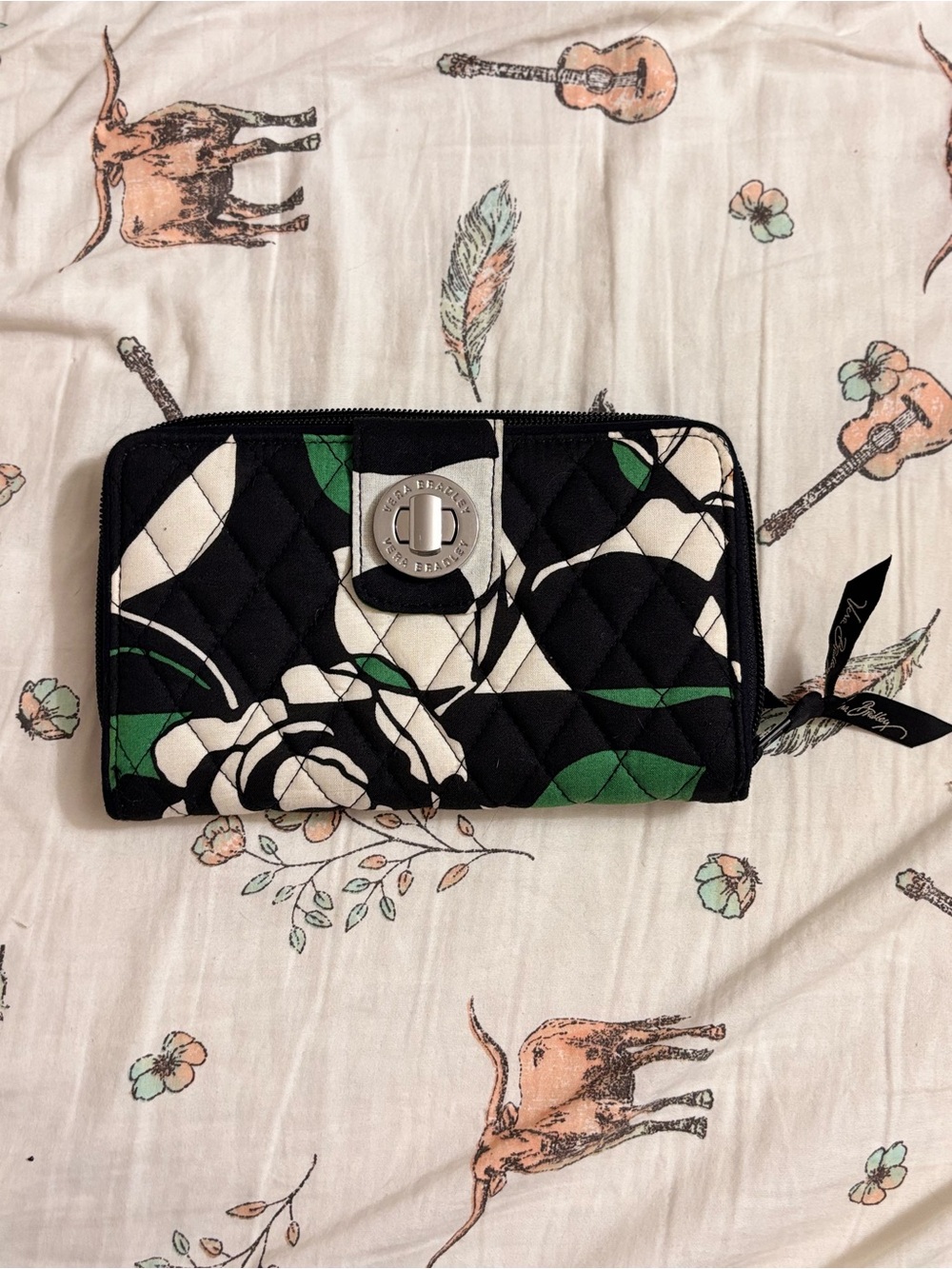 Vera Bradley Black White & Green Quilted Floral Zip Wallet